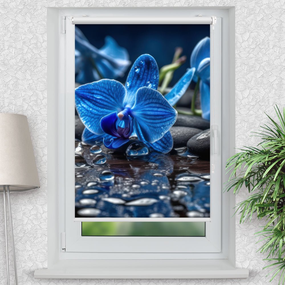 Rollo Motiv "Orchidee Blau Wasser Tropfen Steine" - ohne bohren - Klemmrollo bis 150 cm Breite - Klemmfix mit Fotodruck - blickdicht - La-Melle