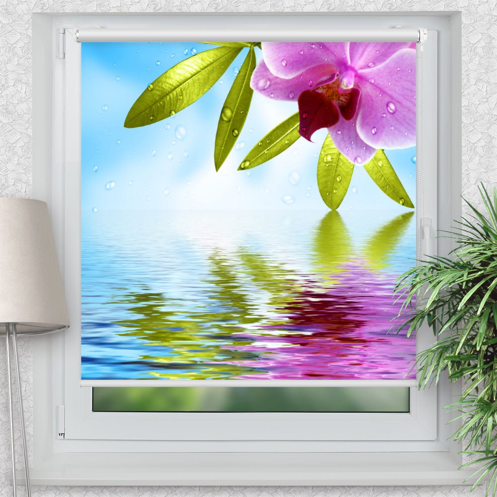 Rollo Motiv "Orchidee Wasser Spiegelung" - ohne bohren - Klemmrollo bis 150 cm Breite - Klemmfix mit Fotodruck - blickdicht - La-Melle