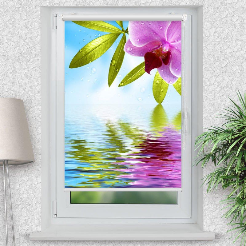 Rollo Motiv "Orchidee Wasser Spiegelung" - ohne bohren - Klemmrollo bis 150 cm Breite - Klemmfix mit Fotodruck - blickdicht - La-Melle