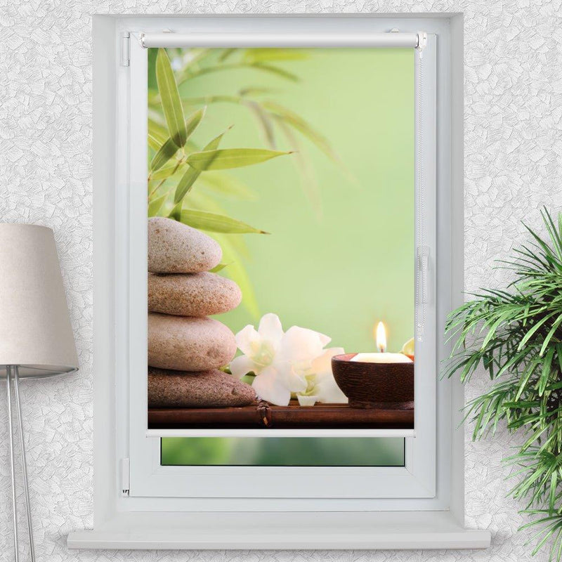 Rollo Motiv "Orchideen Bambus Steinturm Kerze" - ohne bohren - Klemmrollo bis 150 cm Breite - Klemmfix mit Fotodruck - blickdicht - La-Melle