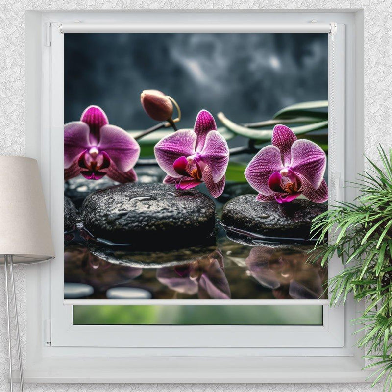 Rollo Motiv "Orchideen Pink Steine Wasser" - ohne bohren - Klemmrollo bis 150 cm Breite - Klemmfix mit Fotodruck - blickdicht - La-Melle