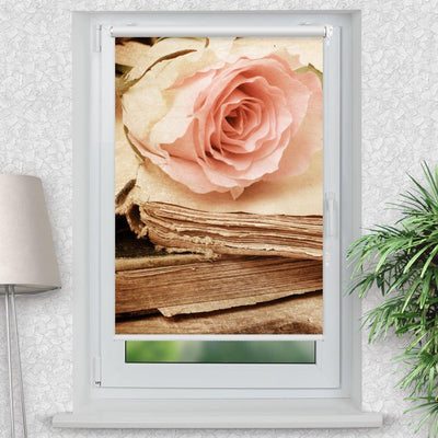 Rollo Motiv Rose Buch vintage - ohne bohren - Klemmrollo bis 150 cm Breite - Klemmfix mit Fotodruck - blickdicht - La-Melle