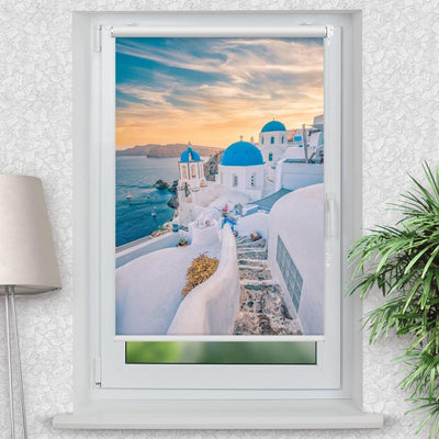 Rollo Motiv Santorini Meer - ohne bohren - Klemmrollo bis 150 cm Breite - Klemmfix mit Fotodruck - blickdicht - La-Melle