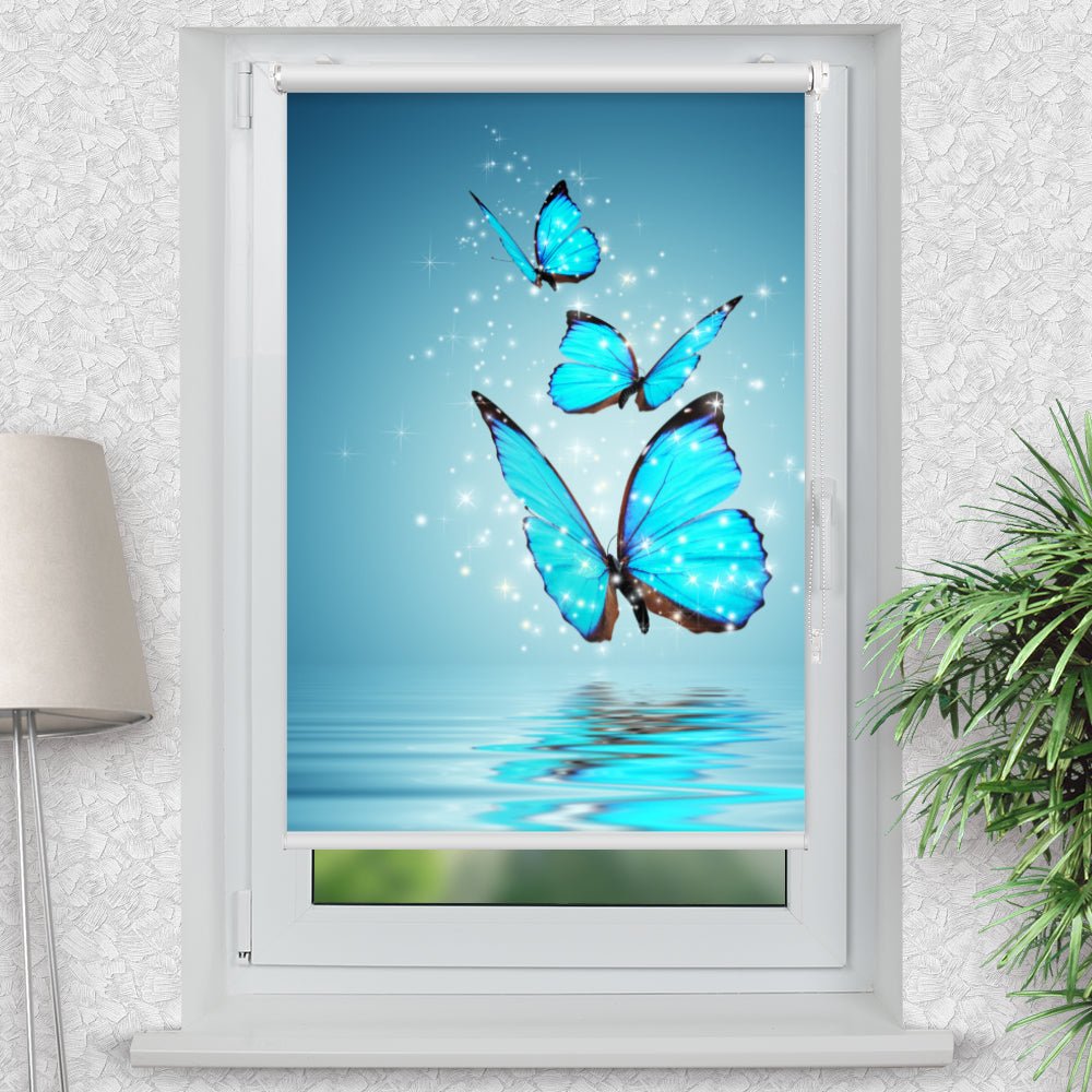 Rollo Motiv "Schmetterlinge blau" - ohne bohren - Klemmrollo bis 150 cm Breite - Klemmfix mit Fotodruck - blickdicht - La-Melle