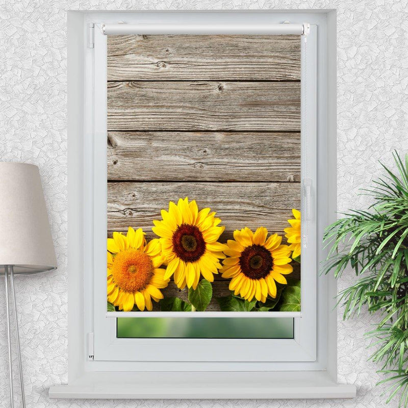 Rollo Motiv "Sonnenblumen Holzwand" - ohne bohren - Klemmrollo bis 150 cm Breite - Klemmfix mit Fotodruck - blickdicht - La-Melle