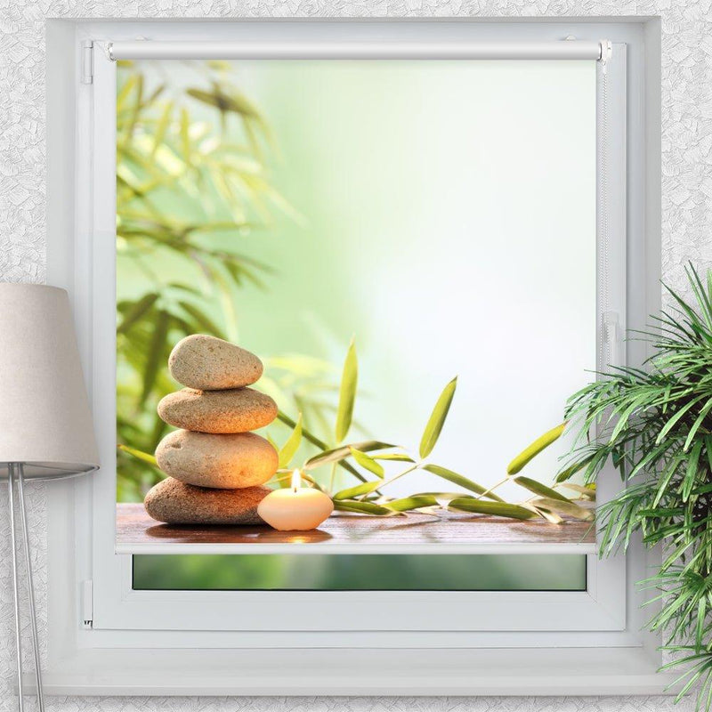 Rollo Motiv "Steinturm Kerze Bambus" - ohne bohren - Klemmrollo bis 150 cm Breite - Klemmfix mit Fotodruck - blickdicht - La-Melle