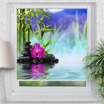 Rollo Motiv Steinturm Wasser Orchidee Spiegelung - ohne bohren - Klemmrollo bis 150 cm Breite - Klemmfix mit Fotodruck - blickdicht - La-Melle