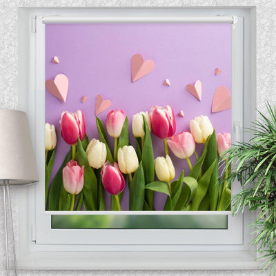 Rollo Motiv Tulpen lila Hintergrund - ohne bohren - Klemmrollo bis 150 cm Breite - Klemmfix mit Fotodruck - blickdicht - La-Melle