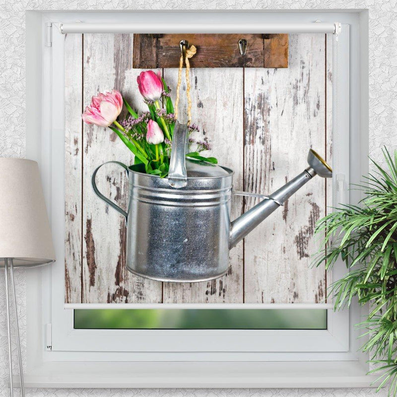 Rollo Motiv "Tulpen Gießkanne" - ohne bohren - Klemmrollo bis 150 cm Breite - Klemmfix mit Fotodruck - blickdicht - La-Melle