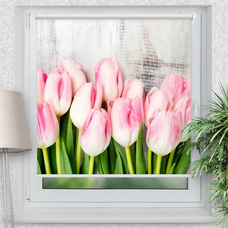 Rollo Motiv "Holzwand Tulpen" - ohne bohren - Klemmrollo bis 150 cm Breite - Klemmfix mit Fotodruck - blickdicht - La-Melle