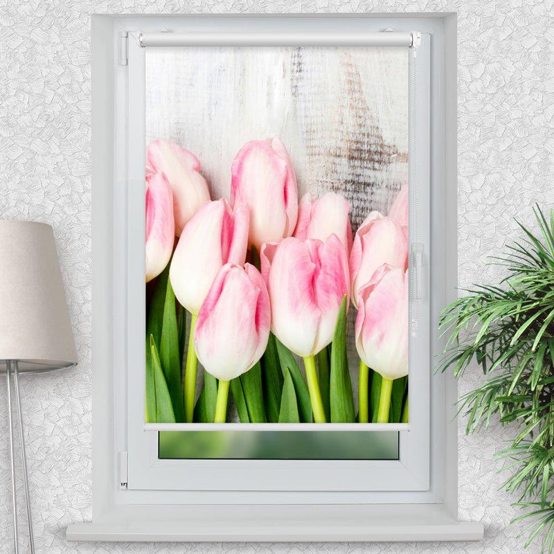 Rollo Motiv "Holzwand Tulpen" - ohne bohren - Klemmrollo bis 150 cm Breite - Klemmfix mit Fotodruck - blickdicht - La-Melle