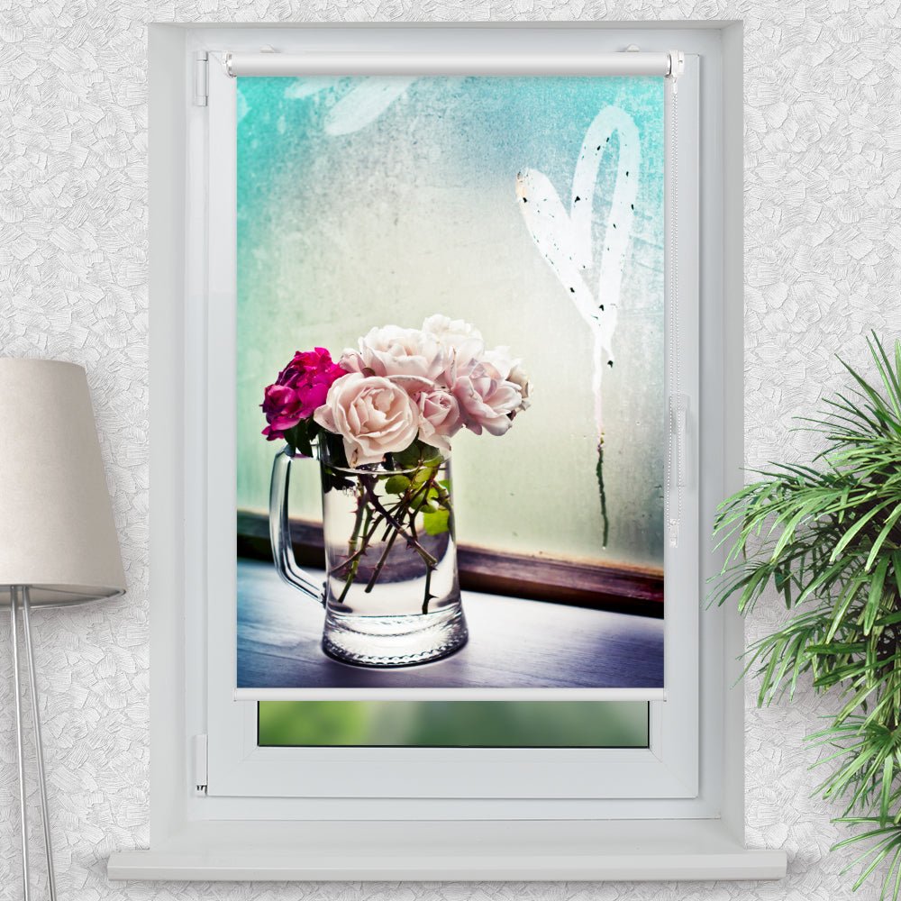 Rollo Motiv "Vase Rosen Herz" - ohne bohren - Klemmrollo bis 150 cm Breite - Klemmfix mit Fotodruck - blickdicht - La-Melle