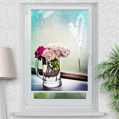 Rollo Motiv Vase Rosen Herz - ohne bohren - Klemmrollo bis 150 cm Breite - Klemmfix mit Fotodruck - blickdicht - La-Melle