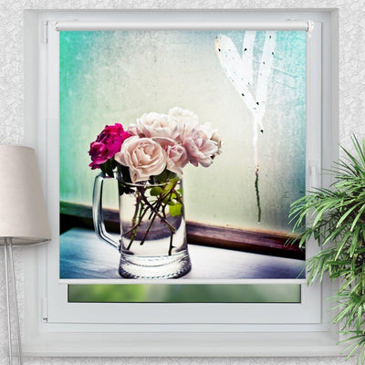 Rollo Motiv Vase Rosen Herz - ohne bohren - Klemmrollo bis 150 cm Breite - Klemmfix mit Fotodruck - blickdicht - La-Melle