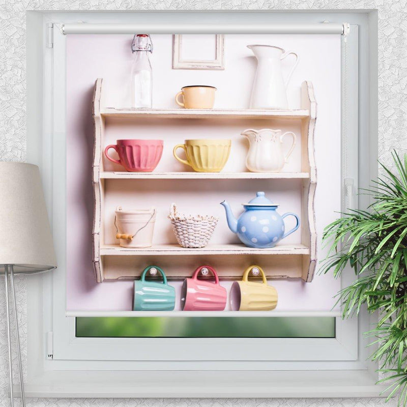 Rollo Motiv "Teekanne Regal" - ohne bohren - Klemmrollo bis 150 cm Breite - Klemmfix mit Fotodruck - blickdicht - La-Melle