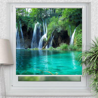 Rollo Motiv Wald See Wasserfall - ohne bohren - Klemmrollo bis 150 cm Breite - Klemmfix mit Fotodruck - blickdicht - La-Melle