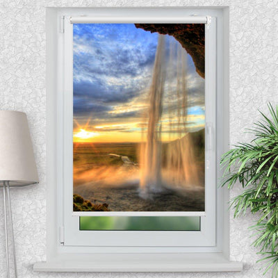 Rollo Motiv Wasserfall Island Sonnenuntergang - ohne bohren - Klemmrollo bis 150 cm Breite - Klemmfix mit Fotodruck - blickdicht - La-Melle