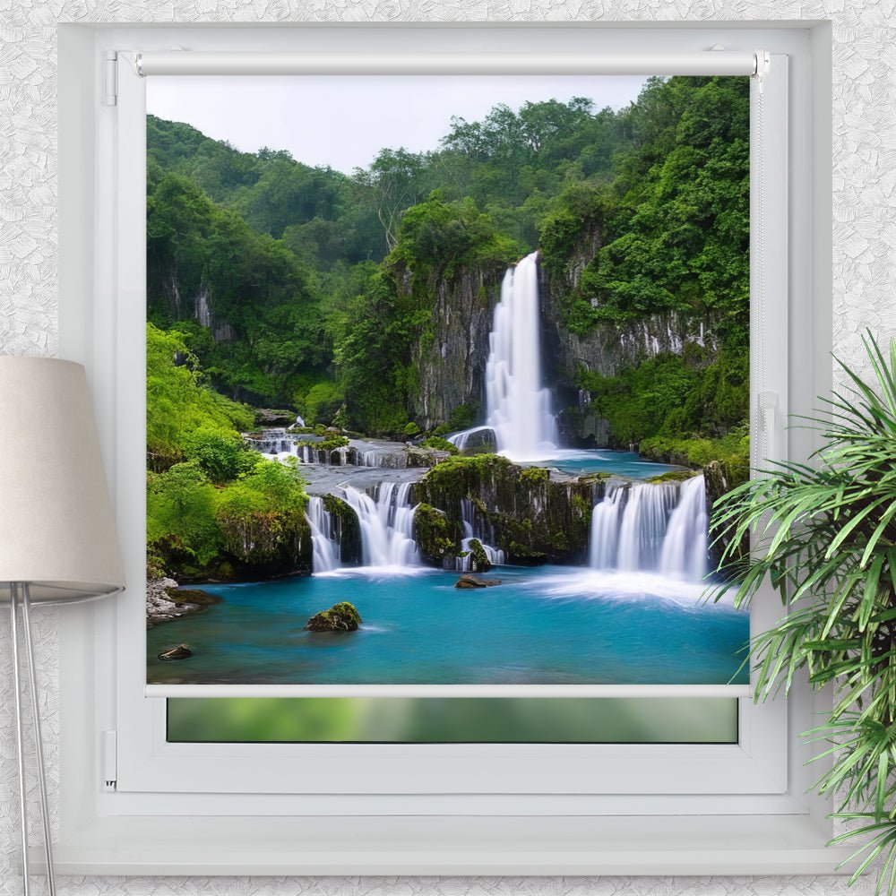 Rollo Motiv "Wasserfall Wald See" - ohne bohren - Klemmrollo bis 150 cm Breite - Klemmfix mit Fotodruck - blickdicht - La-Melle