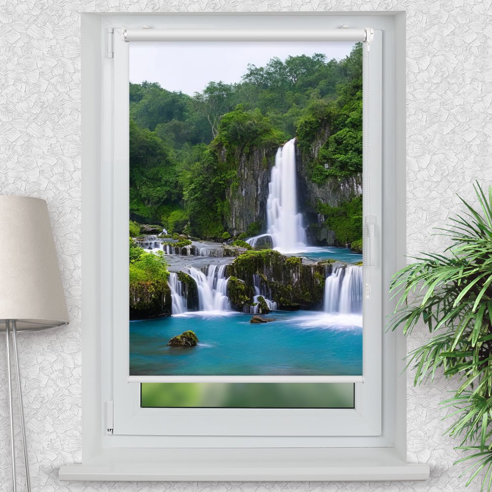 Rollo Motiv "Wasserfall Wald See" - ohne bohren - Klemmrollo bis 150 cm Breite - Klemmfix mit Fotodruck - blickdicht - La-Melle