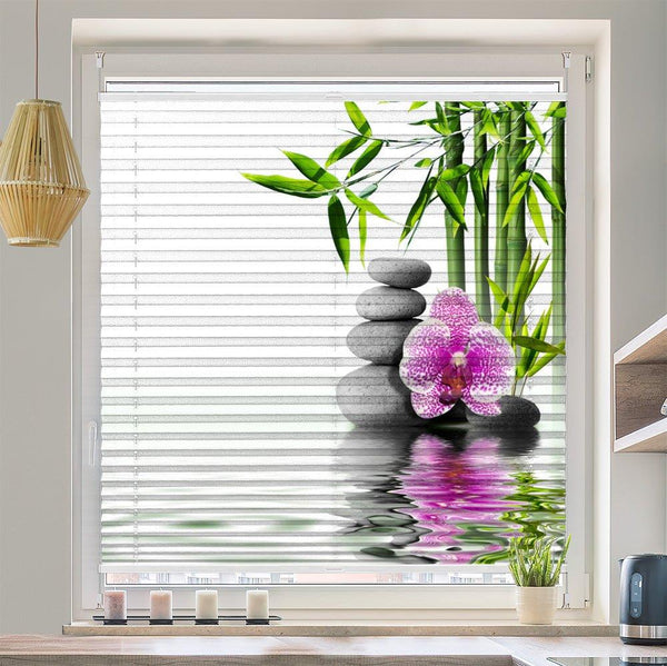 Plissee Motiv "Bambus Wasser Steinturm Orchidee"