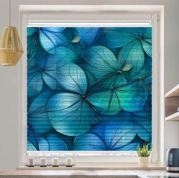 Wabenplissee Motiv "Blueten Blaetter Blau transparent"