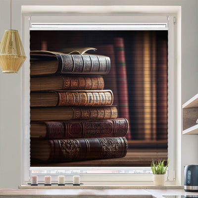 Plissee Motiv Bücherregal vintage