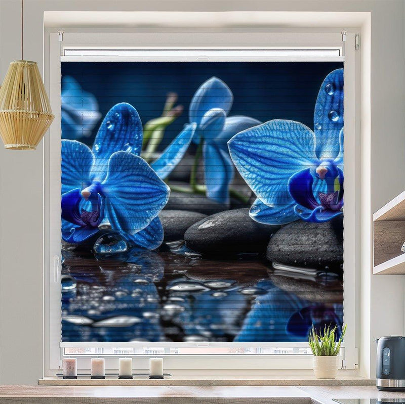 Plissee Motiv "Orchidee Blau Wasser Tropfen Steine" - La-Melle