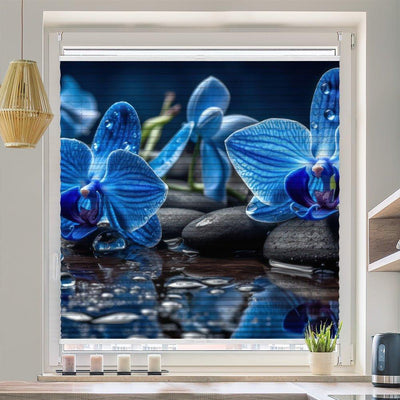 Wabenplissee Motiv Orchidee Blau Wasser Tropfen Steine - La-Melle