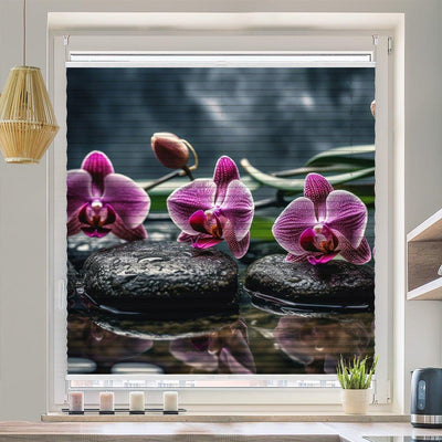 Plissee Motiv Orchideen Pink Steine Wasser - La-Melle