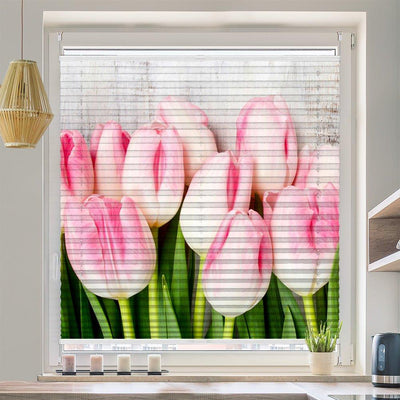 Plissee Motiv Holzwand Tulpen