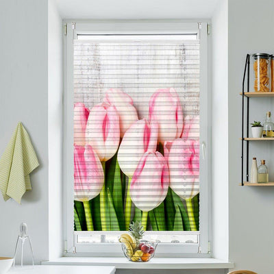 Plissee Motiv Holzwand Tulpen