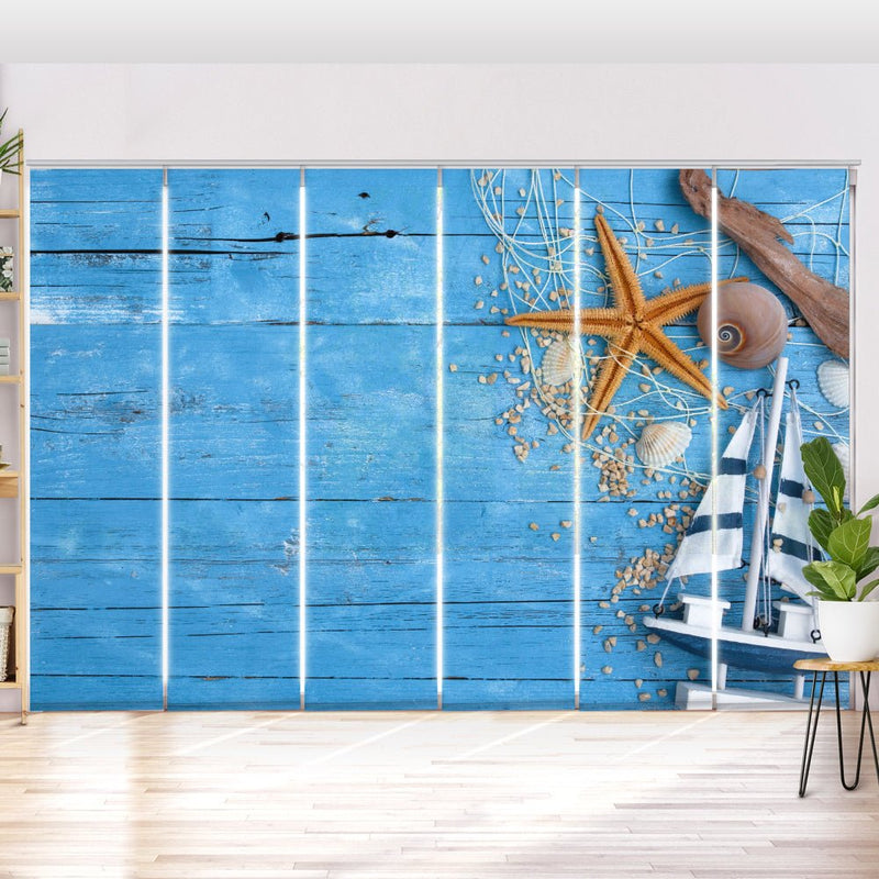 Schiebegardine Motiv "Maritim Schiff Seestern Muscheln" - La-Melle