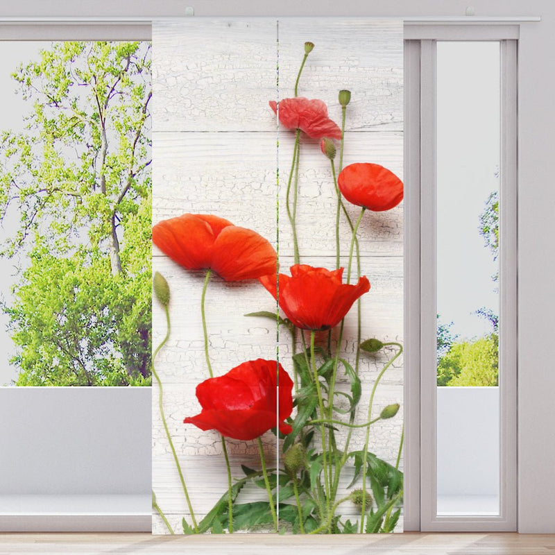 Schiebegardine Motiv "Mohnblumen vor Holzwand" - La-Melle
