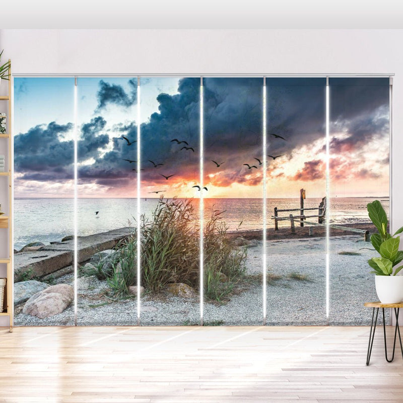 Schiebegardine Motiv "Sonnenuntergang Strand Meer Vögel" - La-Melle
